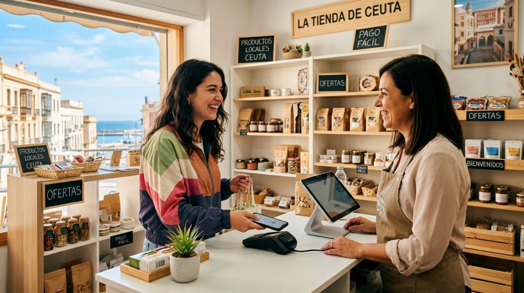 Cliente sonriendo interactuando con un comerciante local en Ceuta, mostrando un proceso de compra fácil y agradable en un entorno moderno y acogedor. UX intuitiva.