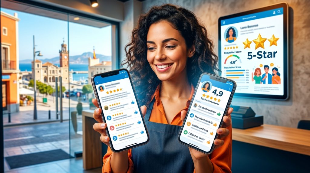 Comerciante sonriente en Ceuta revisando opiniones online desde su móvil, con el perfil de su negocio en una pantalla, mostrando una buena reputación online.