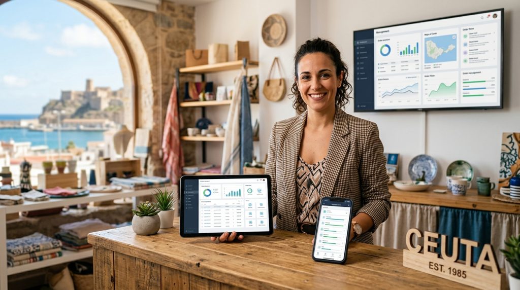 Comerciante de Ceuta sonriendo mientras gestiona pedidos de forma organizada en una tableta y un teléfono, con un fondo digital que muestra métricas de ventas.