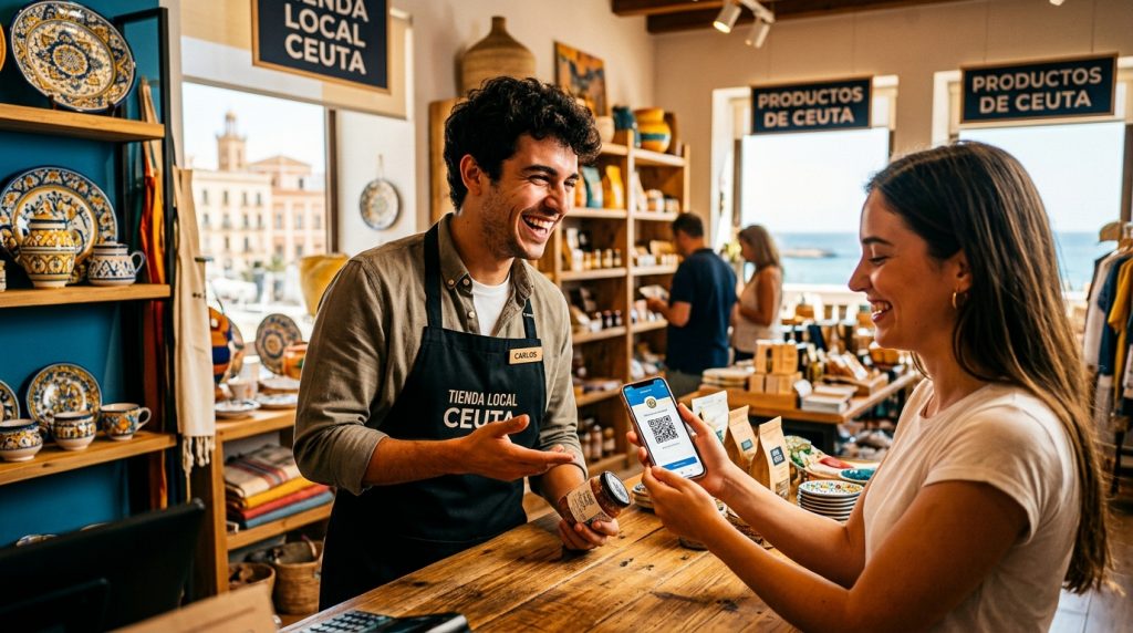 Comerciante de Ceuta interactuando amistosamente con un cliente en su tienda, mostrando un programa de fidelización digital.