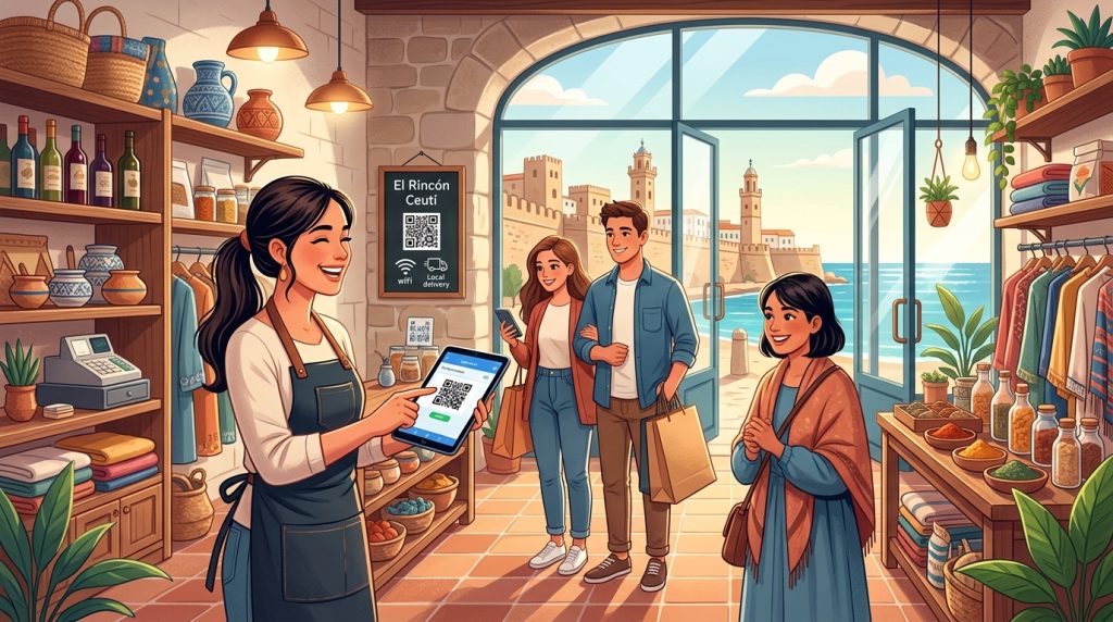 Comerciante sonriente de Ceuta interactuando con clientes en su tienda local, con elementos digitales sutiles en el fondo