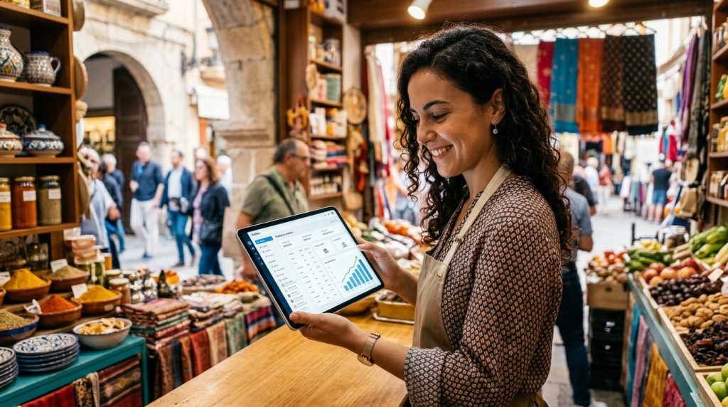 Un comerciante de Ceuta sonriendo mientras gestiona pedidos eficientemente en una tablet, con un fondo que sugiere un bazar o tienda local, y un gráfico de crecimiento.