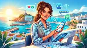 Un comerciante de Ceuta sonriendo mientras atiende a un cliente en su móvil, con el mar de Ceuta de fondo y elementos digitales flotando.