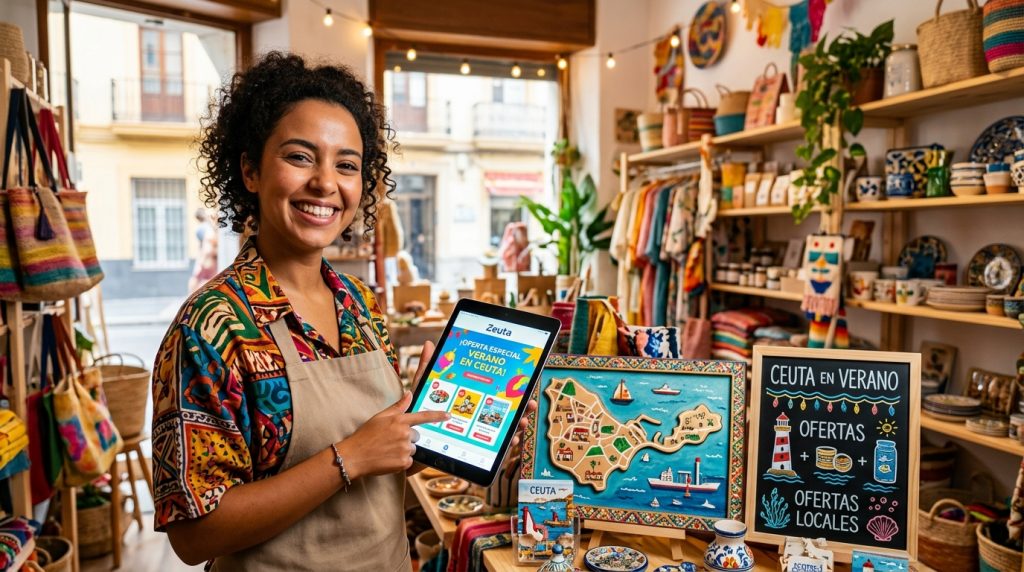 Comerciante de Ceuta sonriendo mientras gestiona un pedido en su tienda decorada con motivos estacionales, mostrando productos con ofertas temáticas.