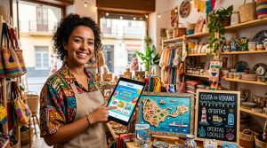 Comerciante de Ceuta sonriendo mientras gestiona un pedido en su tienda decorada con motivos estacionales, mostrando productos con ofertas temáticas.