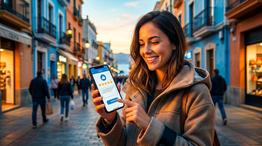 Cliente feliz dejando una reseña en una aplicación móvil de Zeuta para un comercio local de Ceuta