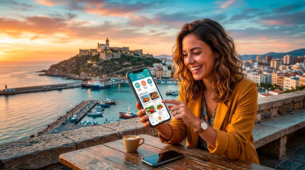 Persona usando un móvil para comprar en un marketplace local en Ceuta, con el fondo de la ciudad