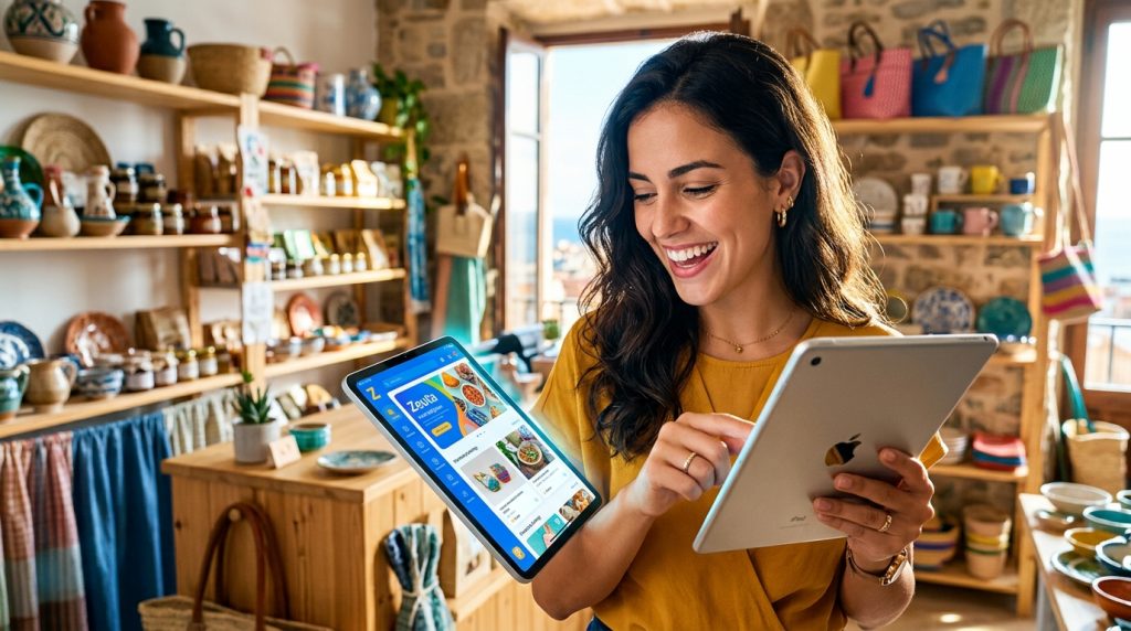 Comerciante de Ceuta utilizando una aplicación móvil de marketplace para gestionar su negocio y productos.
