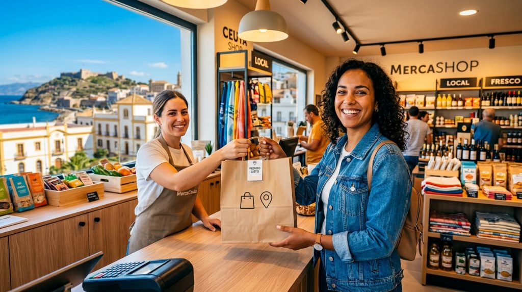 Cliente feliz recogiendo un pedido Click & Collect en una tienda local de Ceuta