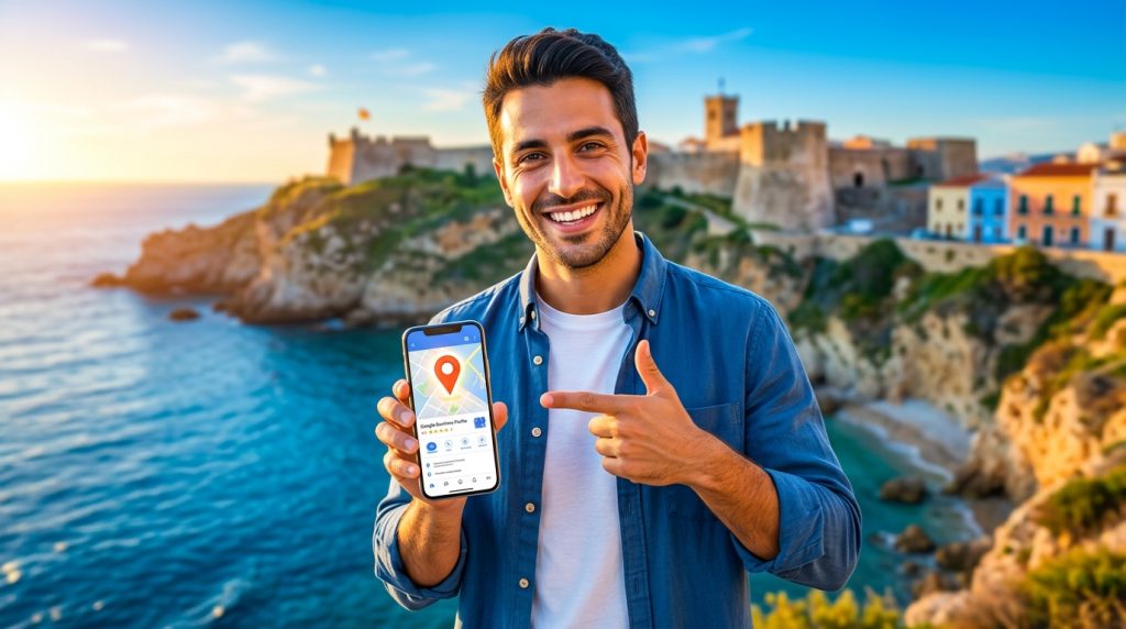 Un comerciante de Ceuta sonriendo mientras revisa su ficha de Google Business Profile en un móvil, con el mar de Ceuta de fondo.